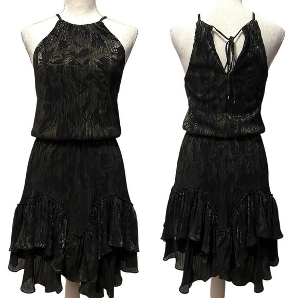 Halston Heritage Black Metallic Gold Halter Dress Womens XS Ruffle Hem Cocktail - Picture 1 of 9